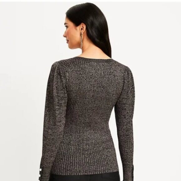 LOFT Shimmer Pearlized Cuff Ribbed Puff Sleeve Sweater Womens Large NWT - Picture 3 of 11